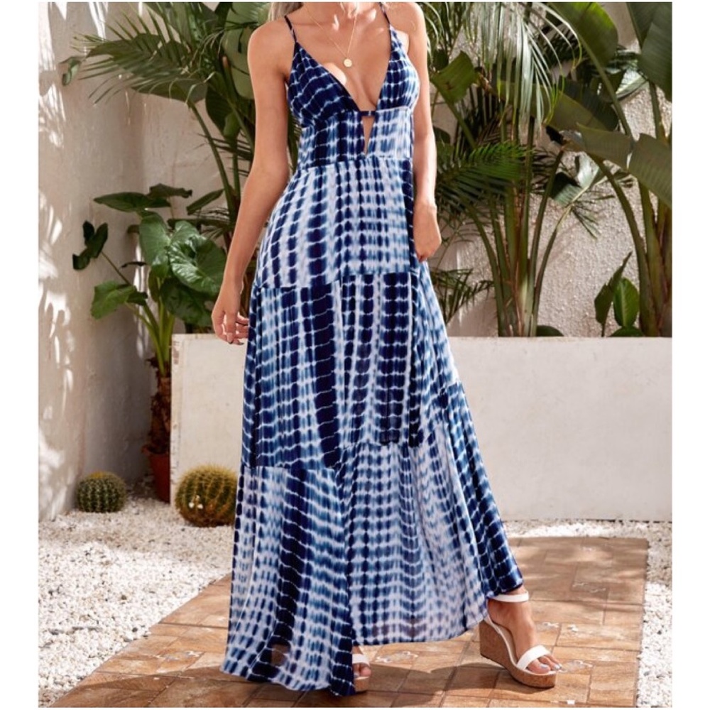 Boho Navy Blue Tie Dye Cutout Sexy Maxi Dress - Picture 3 of 5